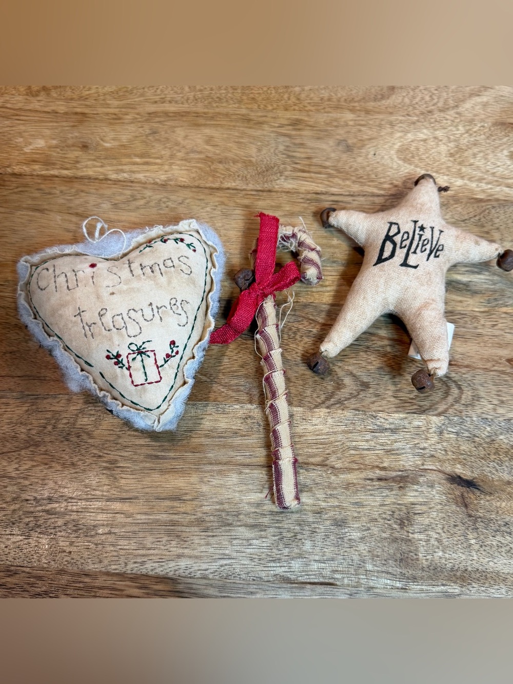 Set of 3 Handmade Rustic Red and Cream Holiday Ornaments